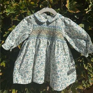 Pepa London Floral Hand-Smocked Long Sleeve Collar Dress, Blue & Mustard